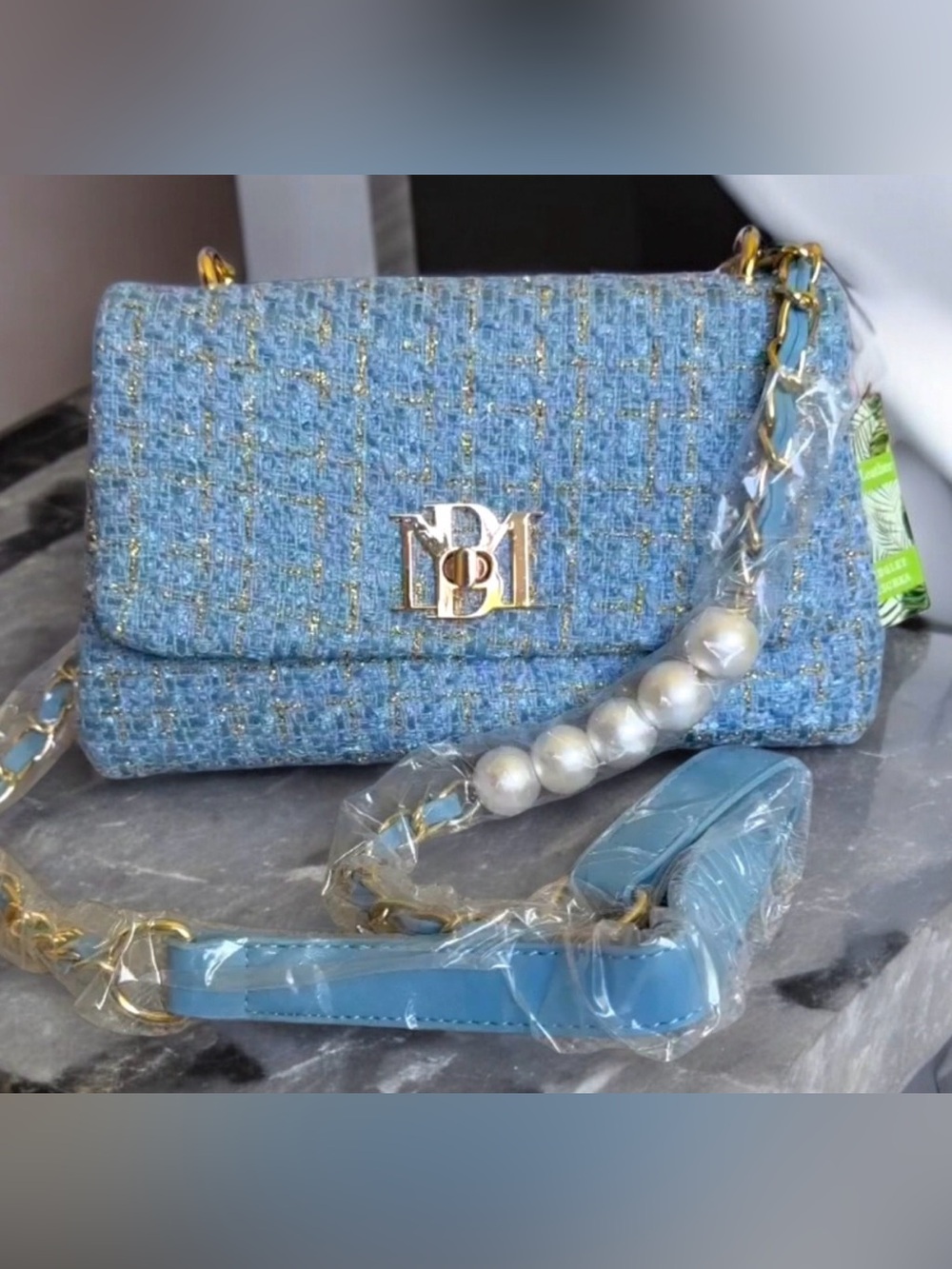 NWT Badgley Mischka Blue Tweed Messenger Crossbody - Picture 1 of 8